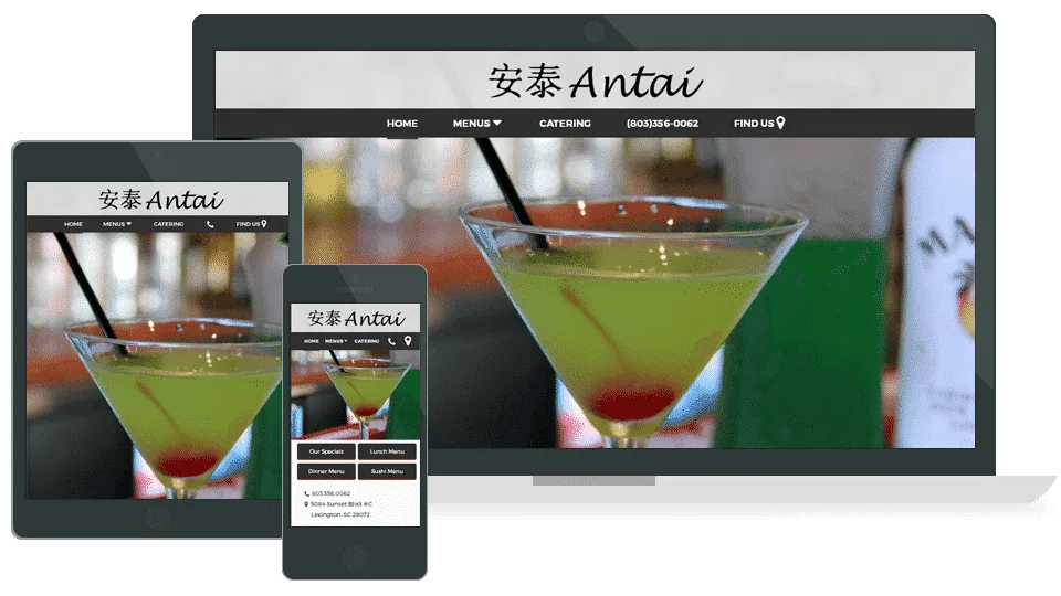 Responsive website design for Antai Gourmet Dining displayed on desktop, tablet, and smartphone screens, featuring a close-up of a signature cocktail and navigation links to menus, catering, and location details.