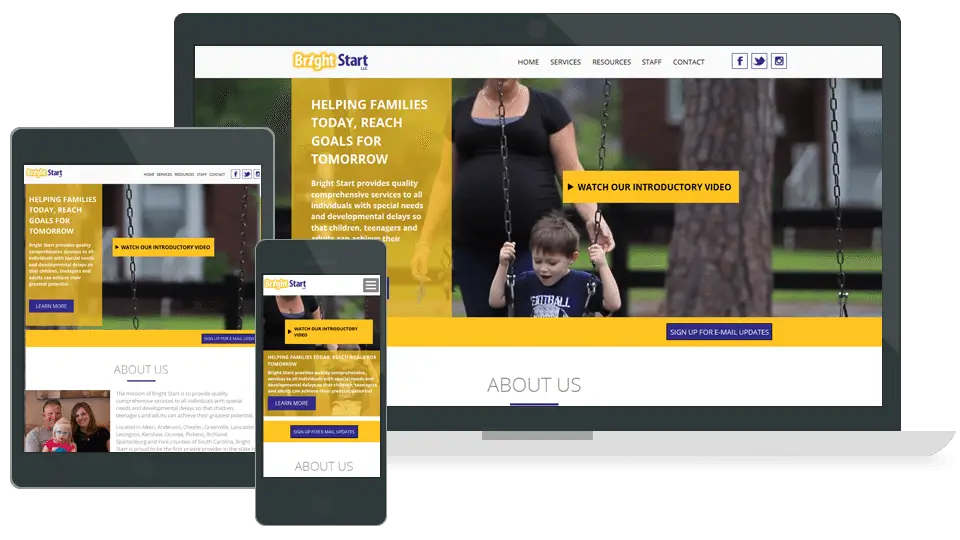 Responsive website design for Bright Start displayed on desktop, tablet, and smartphone screens, highlighting services for children with special needs and developmental delays with a focus on helping families reach their goals.