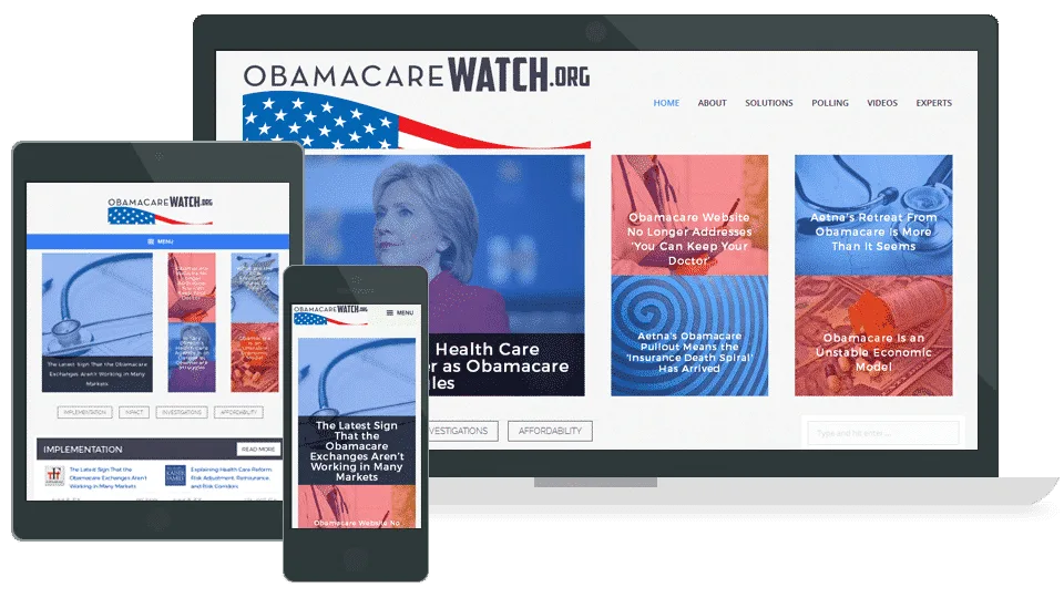 Responsive website layout for Obamacare Watch displayed on desktop, tablet, and smartphone screens, featuring news headlines and analysis related to the Affordable Care Act and health policy.