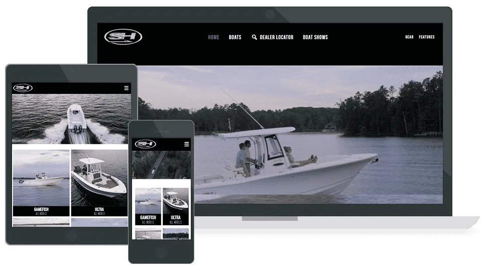 Responsive website design for Sea Hunt Boats displayed on desktop, tablet, and mobile devices, featuring sleek fishing and recreational boat models including Gamefish and Ultra series on the water.
