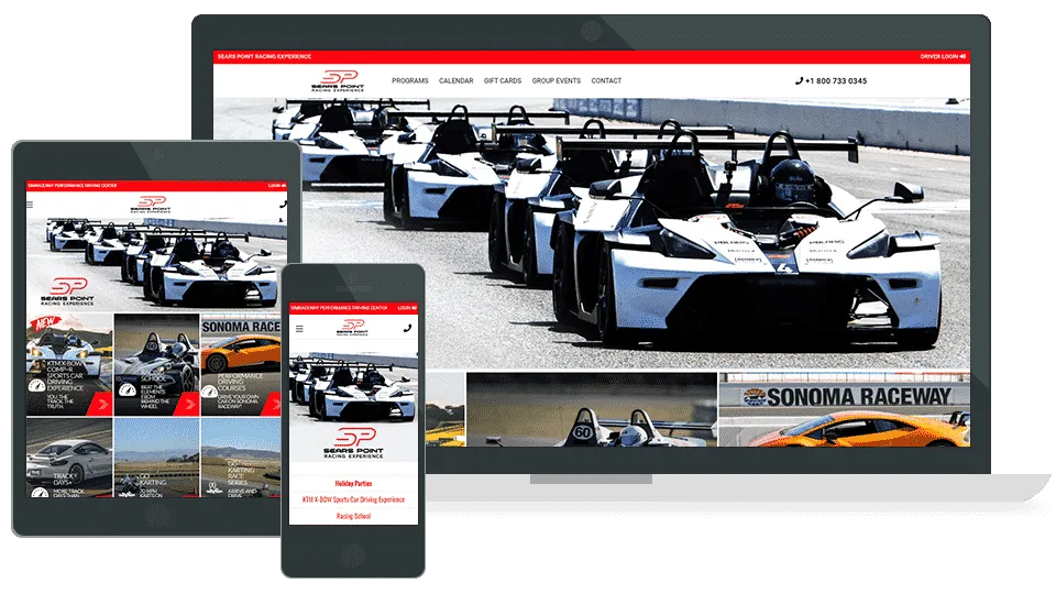 Responsive website design for Sears Point Racing displayed on desktop, tablet, and mobile devices, featuring high-performance race cars on track at Sonoma Raceway, promoting driving experiences and racing programs.