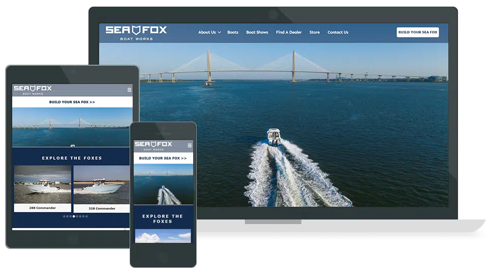 Responsive website design for Sea Fox Boats displayed on desktop, tablet, and mobile screens, showcasing a boat cruising on the water with a bridge in the background