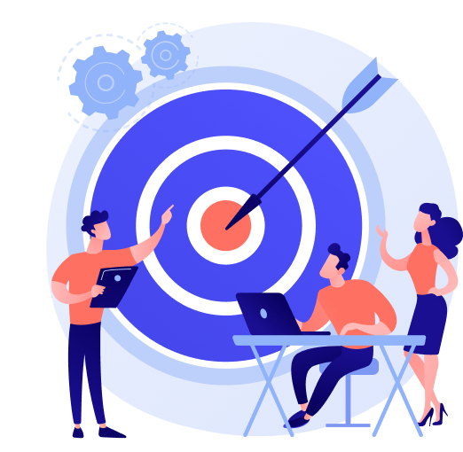 Three professionals collaborating around a large bullseye target with an arrow in the center, representing strategic business goal alignment and teamwork.