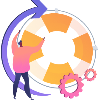 A flat-style illustration of a person pushing a large orange and white circular lifesaver ring, with a purple circular arrow and pink gear icons, symbolizing continuous renewal.