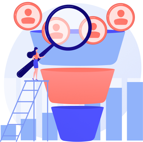 A woman on a ladder examines a sales funnel with a magnifying glass, analyzing customer conversion stages against a bar chart background.