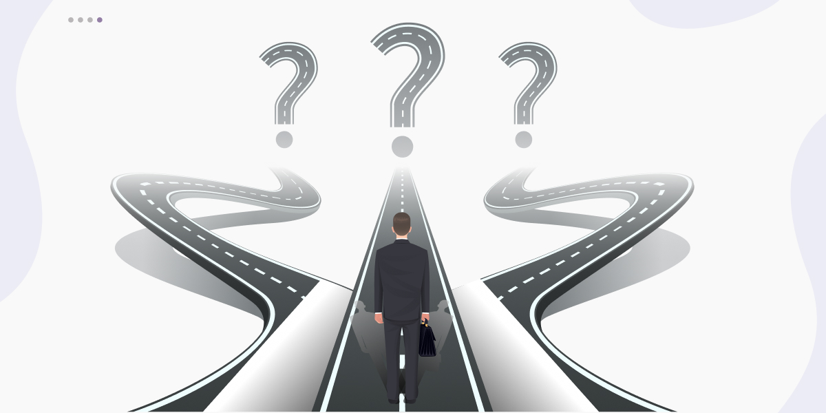 Illustrated businessman standing at a crossroads facing three winding roads with question marks representing unclear website conversion paths.