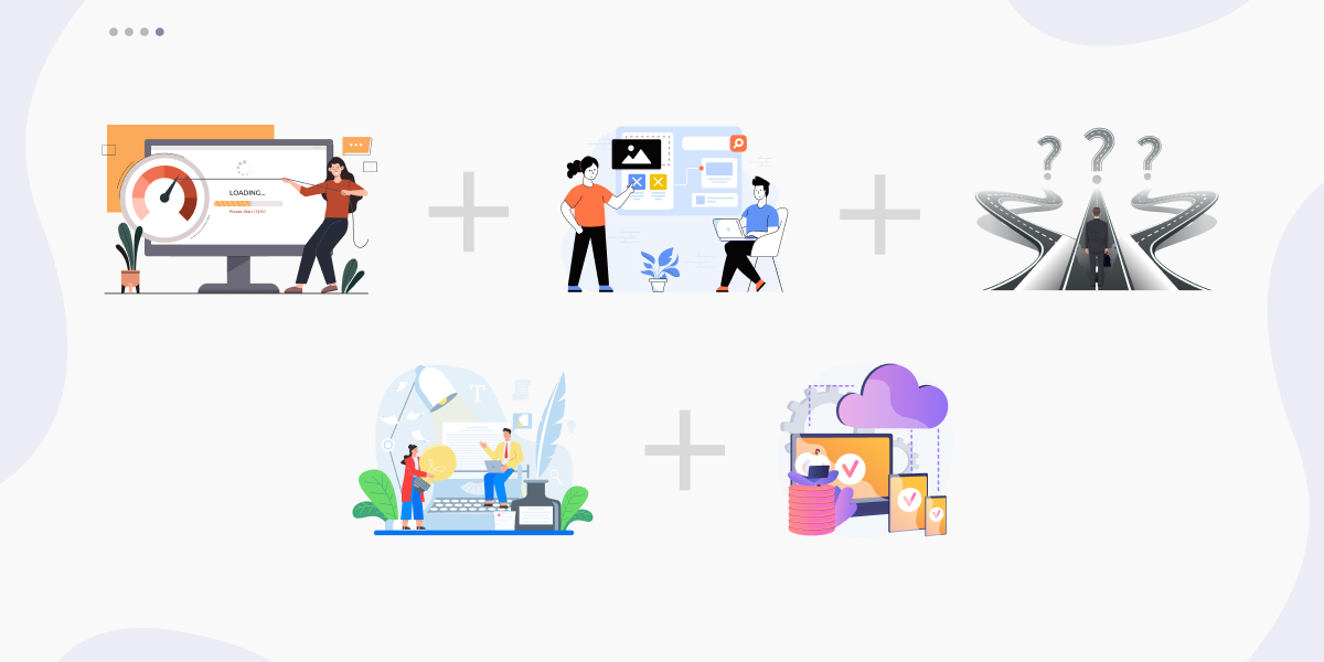 Illustration showing five website performance factors: speed, design, navigation, content messaging, and cloud infrastructure working together.