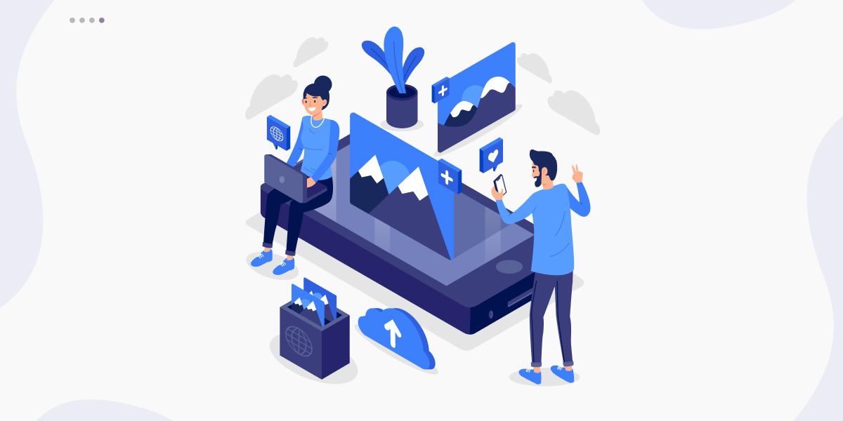 Illustration of a website performance audit showing developers analyzing website data, images, and optimization metrics on multiple screens.
