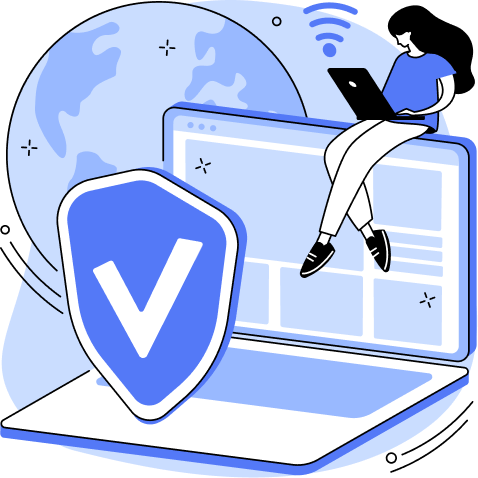 A person sitting on a laptop with a security shield checkmark, globe, and Wi-Fi symbol representing global infrastructure and cybersecurity protection.