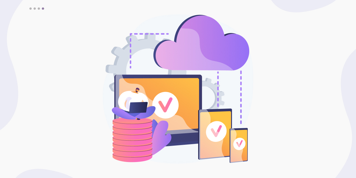 Illustration of a person using a laptop beside stacked servers, a monitor, and a purple cloud symbolizing secure infrastructure.