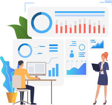 Two professionals analyzing website performance audit tool dashboards with charts, graphs, and KPI metrics.