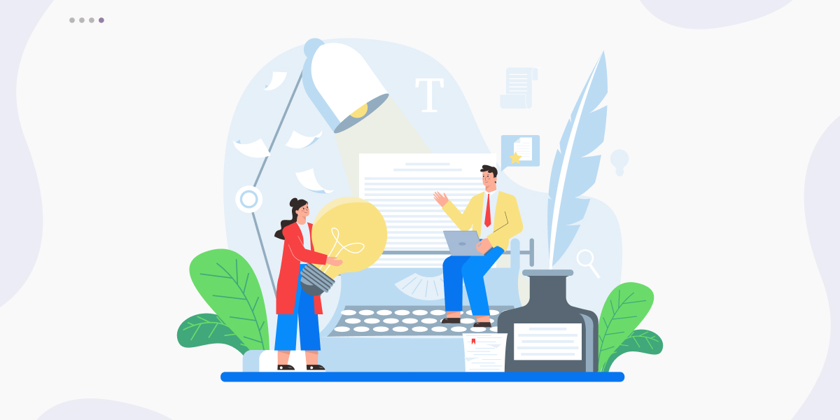Two illustrated professionals collaborating on content creation surrounded by a lightbulb, typewriter, quill, and document representing effective messaging.