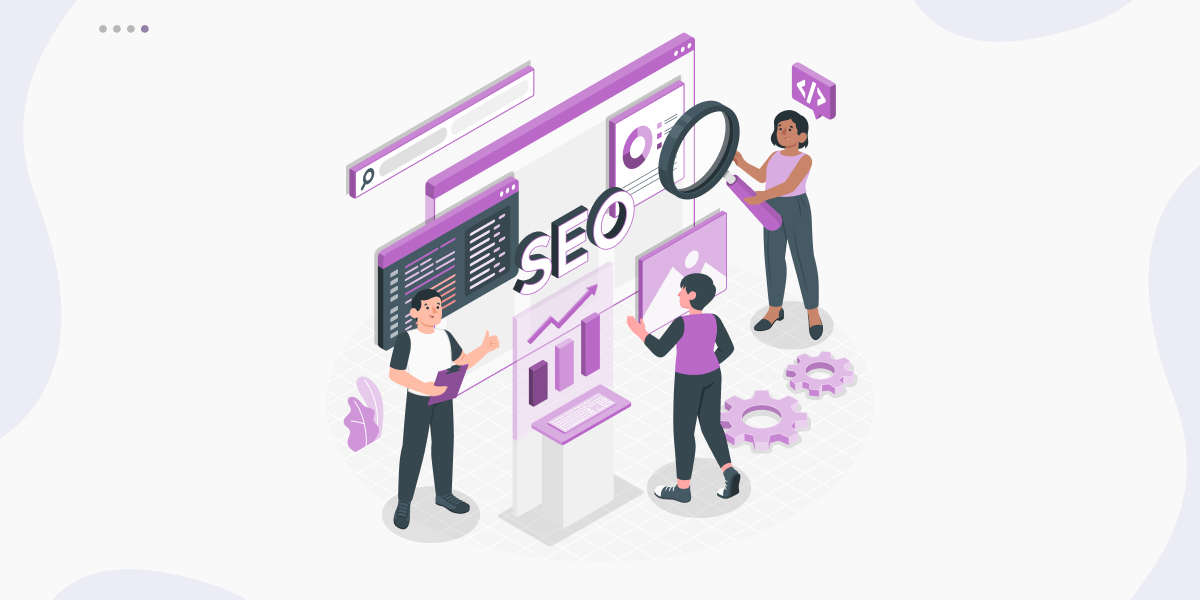 Illustration of a team analyzing SEO data and website performance metrics with charts, search tools, and analytics dashboards.
