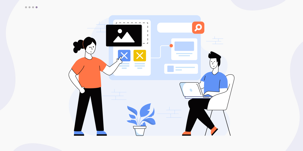 Two illustrated designers reviewing a website layout with images and search bar, representing clean website structural simplicity.