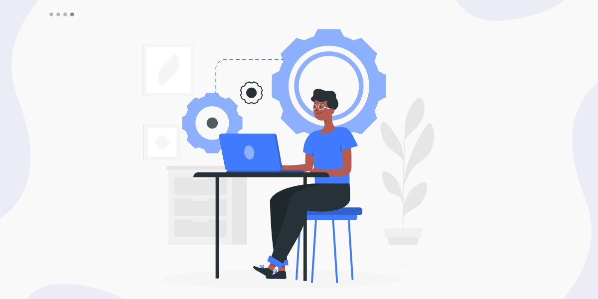 Illustration of a developer performing website performance evaluation with gears and analytics tools on a laptop.