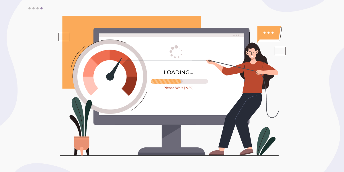 Illustrated woman pulling a cable connected to a slow-loading computer screen showing a speed gauge, representing website performance issues.