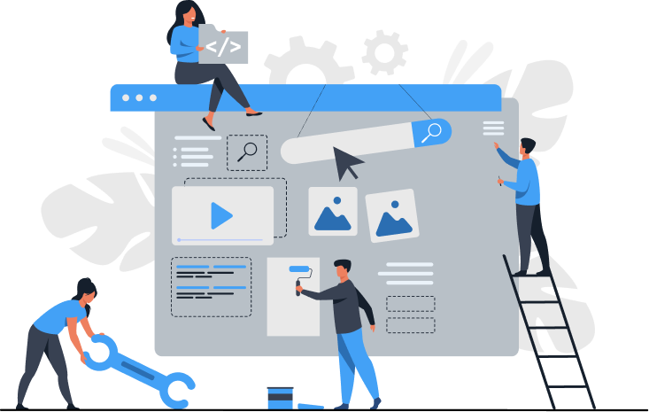 Team of developers optimizing and fixing website performance audit issues including code, images, and content elements.