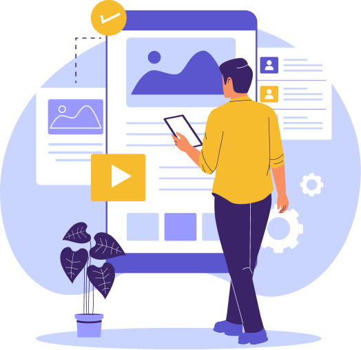 A person holding a tablet reviews a website layout featuring images, video, and user profiles, symbolizing UX design and content clarity.