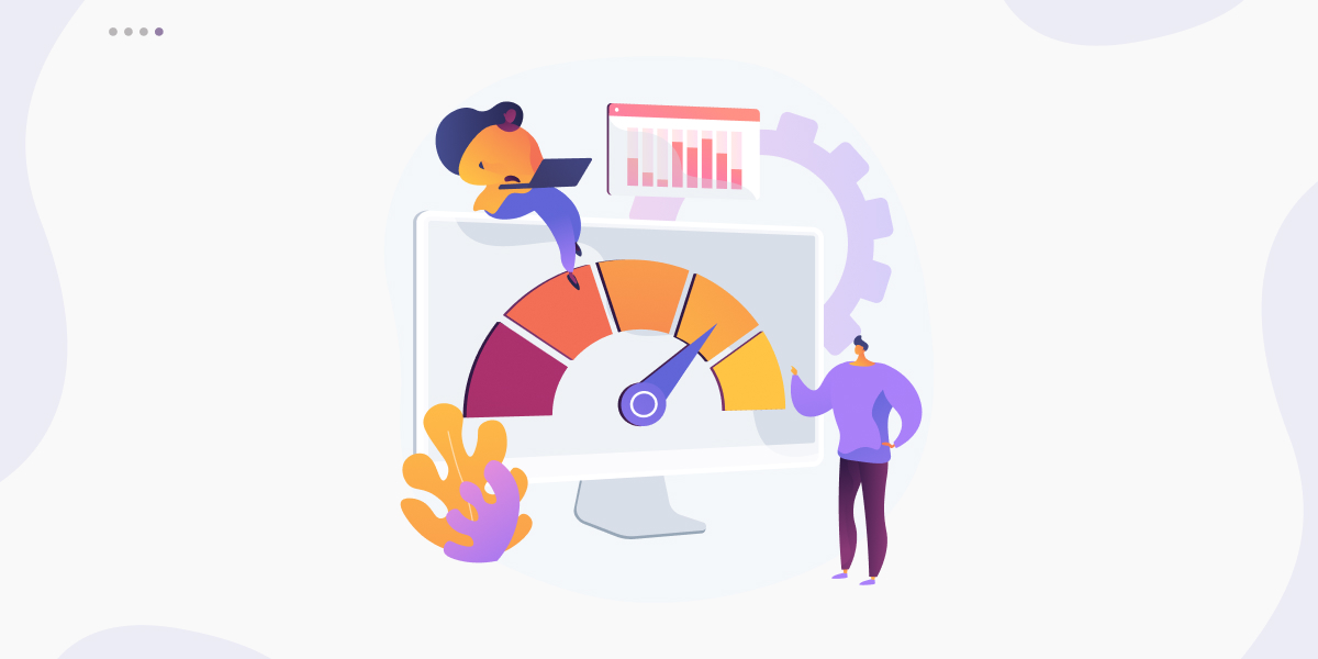 Illustration of a website performance dashboard showing website speed score and analytics metrics on a computer screen.