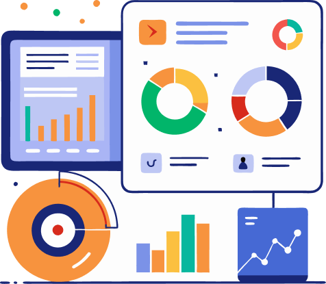 Flat-style illustration of business analytics dashboards with donut charts, bar graphs, and a line chart.