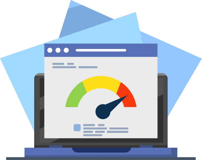 Laptop displaying a website performance audit tool dashboard with a speed gauge showing performance score metrics.