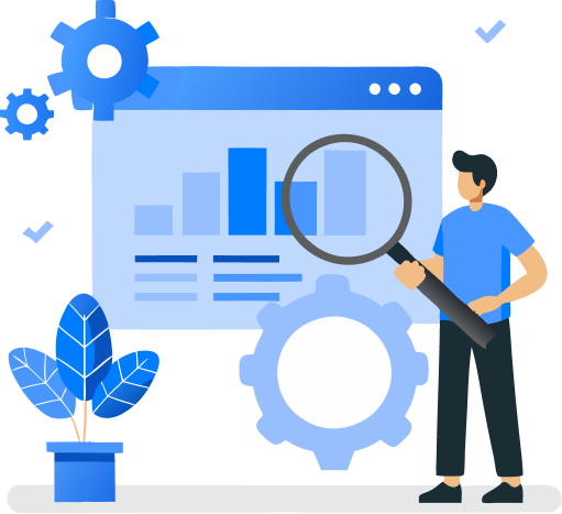 Flat-style illustration of a person holding a magnifying glass over a bar chart on a screen, with gear icons and a plant.