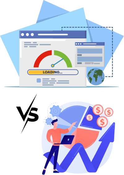Website performance audit tool showing slow loading speed vs optimized site performance leading to increased revenue and business growth.