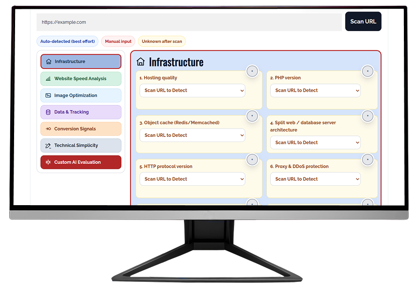 Grover website performance audit tool interface displaying infrastructure scan options including hosting quality, PHP version, cache, and DDoS protection settings.