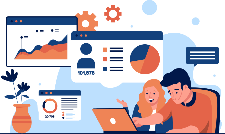 Flat-style illustration of two people reviewing data dashboards on a laptop, surrounded by analytics screens with charts and metrics.
