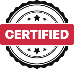 A circular dark gray badge with a scalloped border featuring a bold red banner in the center displaying the word 'CERTIFIED' in white capital letters with decorative stars.