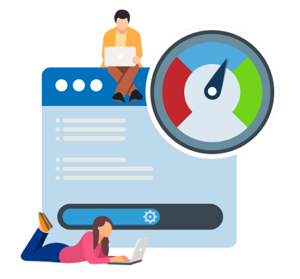 Two people on laptops work around a browser interface with a speedometer needle pointing to the red critical zone, indicating non-certified status.