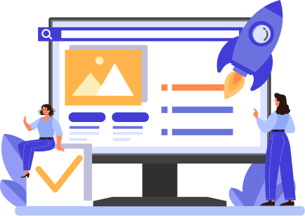 Two people launching a redesigned website with a rocket, checkmark, and modern layout on a monitor.