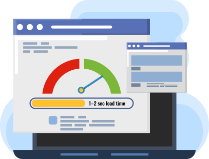 A laptop displaying a website speed dashboard with a speedometer showing an optimized 1–2 second load time.