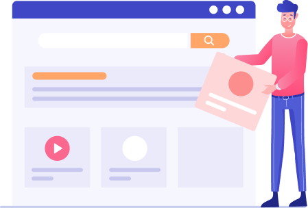A developer adding content cards to a website layout featuring video, search bar, and media sections.