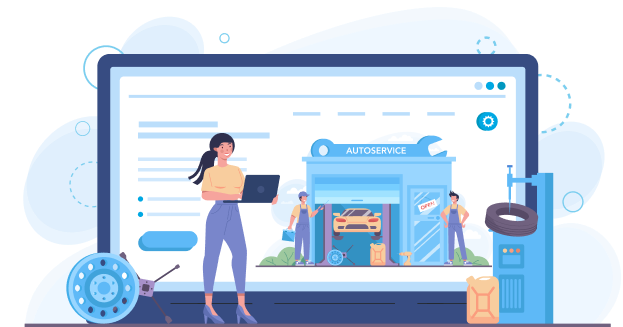 A woman with a laptop stands before a digital screen displaying an auto service small business website.