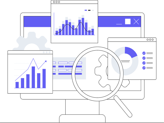 A computer monitor displaying multiple analytics dashboards with bar charts, pie graphs, and a magnifying glass icon.