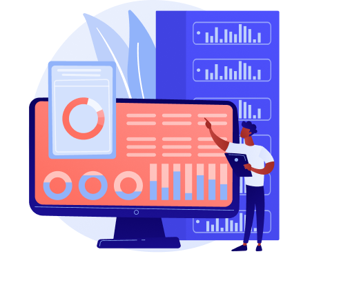 A professional analyzing a large data dashboard displaying colorful charts, graphs, and metrics on a monitor screen.