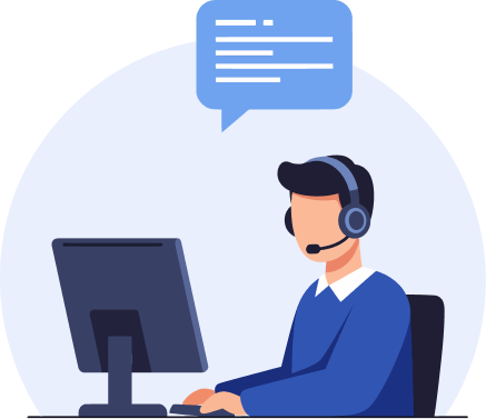 A customer support agent wearing a headset works at a computer with a chat bubble overhead.