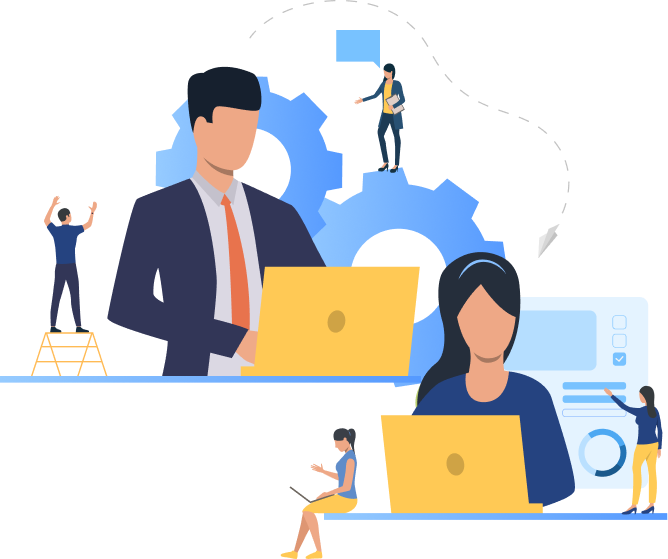 A business team collaborating with laptops, gears, and dashboards representing managed website maintenance and support services.