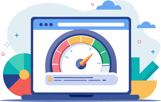 A laptop screen showing a performance speedometer pointing to green, representing a fast-loading WordPress website.