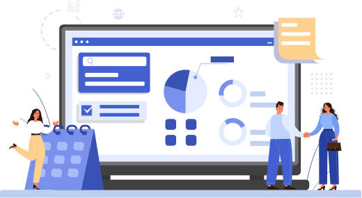 Two professionals shaking hands beside a data dashboard with pie charts, graphs, and a calendar display.
