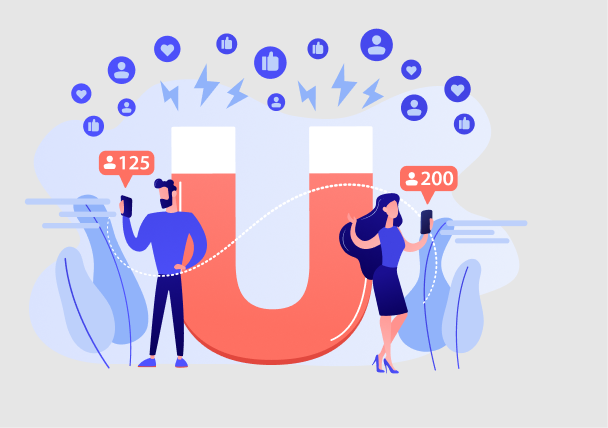 Two people with phones stand beside a large magnet attracting social media likes, followers, and engagement icons.