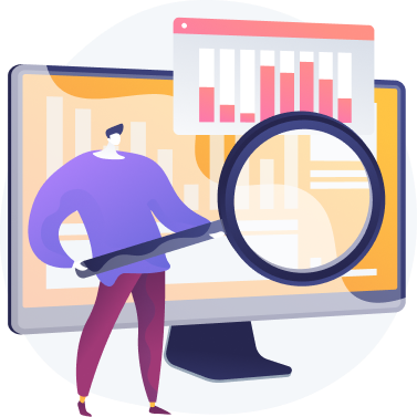 A professional holding a large magnifying glass examines a bar chart analytics dashboard on a computer monitor.