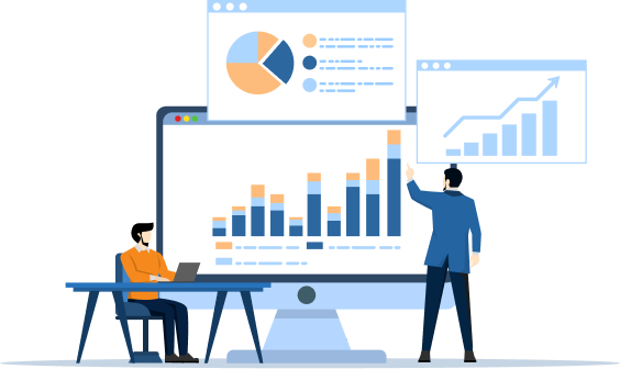 Two business professionals analyzing growth charts and data dashboards displayed on multiple screens with rising bar graphs.