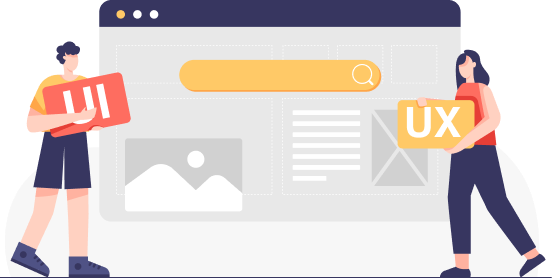 Two people holding UI and UX signs in front of a professional website wireframe design layout.