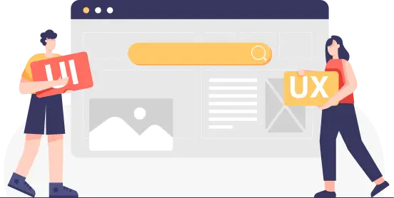 Two people holding UI and UX signs in front of a professional website wireframe design layout.