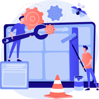 Two workers repairing and maintaining a website using a wrench, paint roller, gears, and traffic cone.