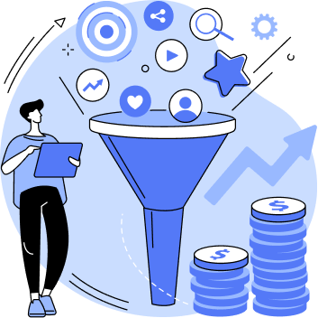 A person with a clipboard observing a conversion funnel transforming social media engagement icons into stacked dollar coins.