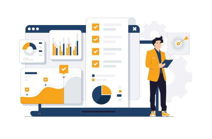 A businessman reviewing a checklist alongside analytics dashboards featuring charts, graphs, gears, and a target icon.