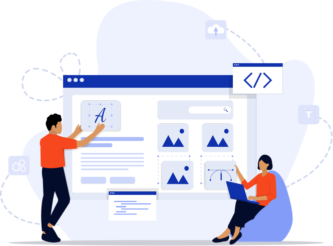 Two developers customizing a website with typography, images, and code elements using design and development tools.